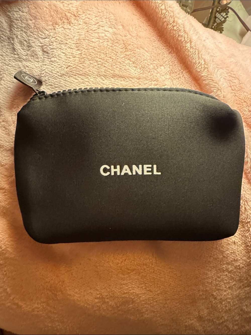 CHANEL neoprene Black Cosmetic Pouch with White Logo